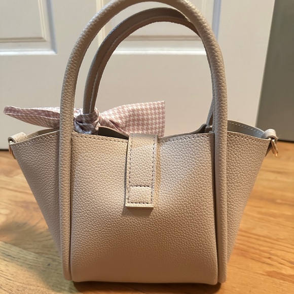 Women's Small Tote Bag in Light Beige with Pink Scarf Accent - Picture 2 of 4